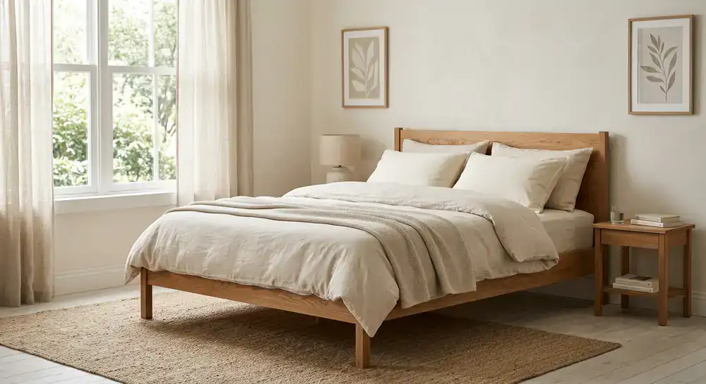 Minimalist solid wood bed frame with neutral linens