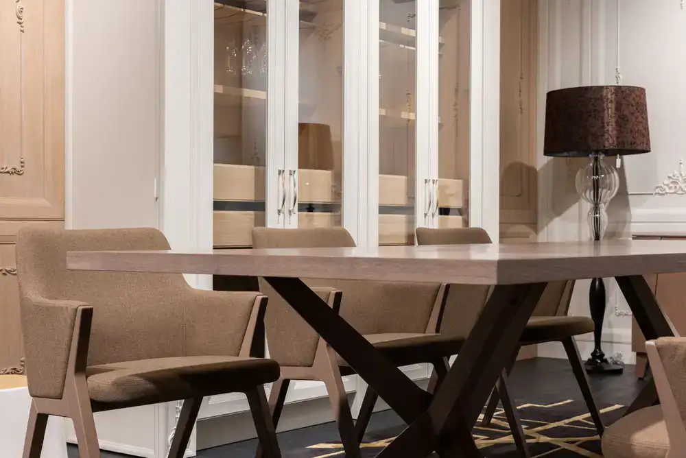 Solid wood dining table with elegant chairs
