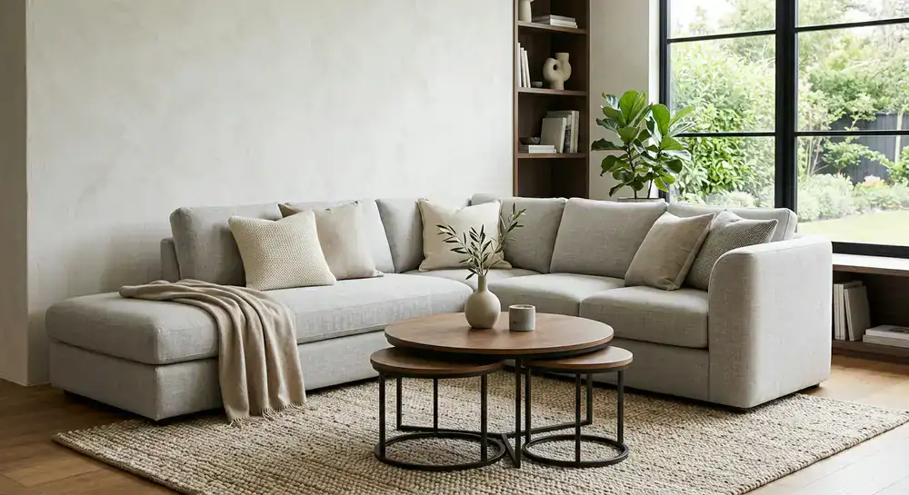 Modern sofa set in a well-lit living room
